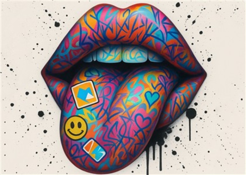 Farverig Mundkunst med Emojis - Denne livlige illustration fanger opmærksomheden med sin strålende mund og dekorative tunge, beriget med sjove emojis. Det kreative design tilføjer et moderne præg til ethvert rum og skaber en festlig stemning.
