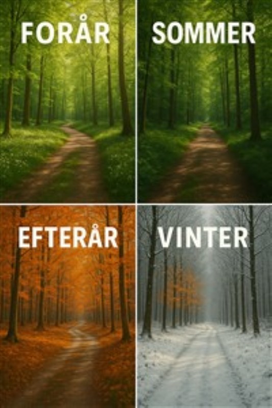 Skovens Fire Årstider - Udforsk skovens skønhed med dette fantastiske billede, der fanger forårets liv, somrens frodighed, efterårets varme og vinterens stilhed. Perfekt til at bringe naturens cyklus ind i dit hjem.