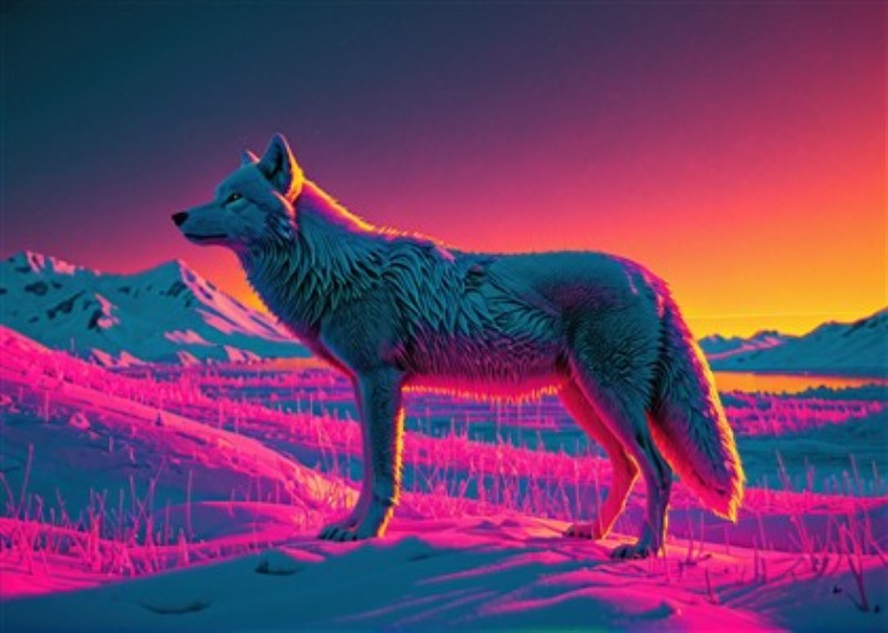 Futuristisk Ulv i Sneens Farver - Oplev det fantastiske møde mellem natur og futurisme med denne stiliserede ulv i et farverigt, sneklædt landskab. Den levende palette og de majestætiske bjerge skaber en drømmende atmosfære, der vil pryde ethvert rum.