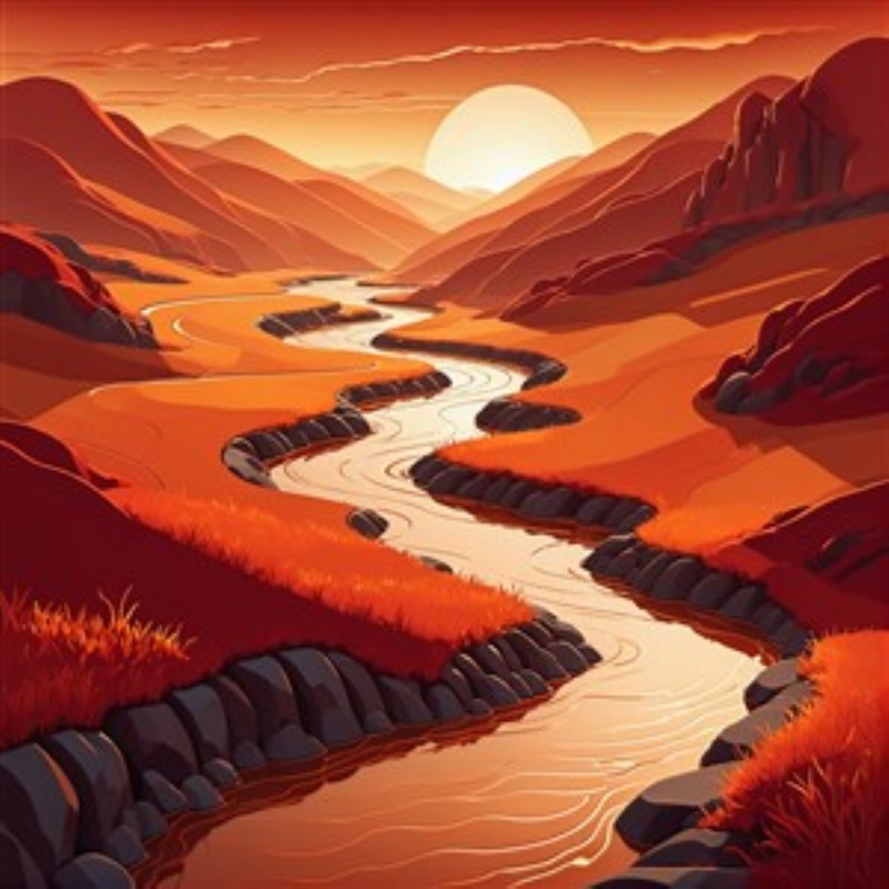Aftensol over den Snoede Flod - Oplev skønheden i dette farverige landskab, hvor en glitrende flod snor sig gennem bjerge og rødligt græs. Denne plakat skaber en varm og indbydende atmosfære, perfekt til ethvert rum.