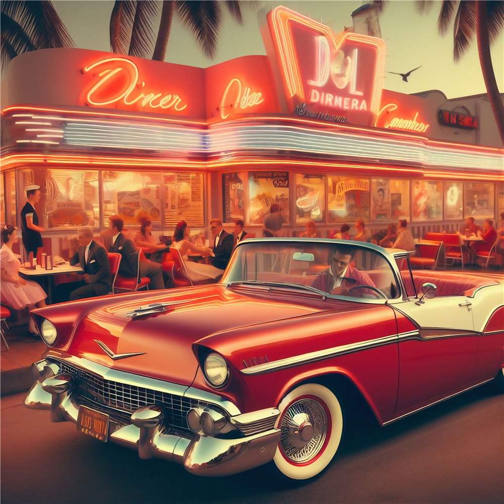 Farverig Retro Diner med Klassisk Bil plakat