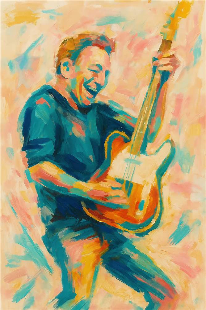 Sprudlende guitarist i farverig aktion plakat