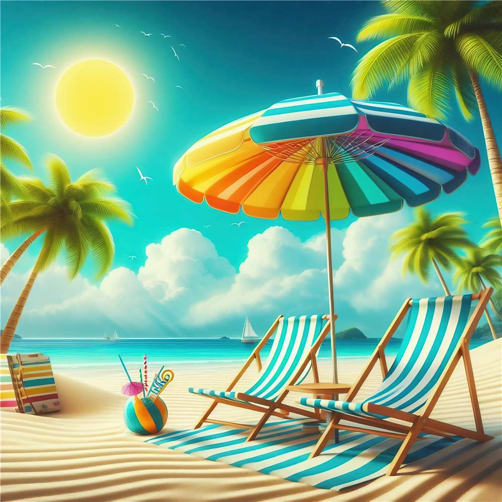 Farverig Strandidyl med Sol og Parasoller plakat
