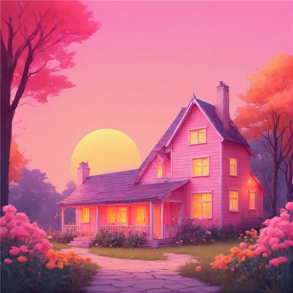 Drømmegulvet: Pink Hus ved Solnedgang plakat