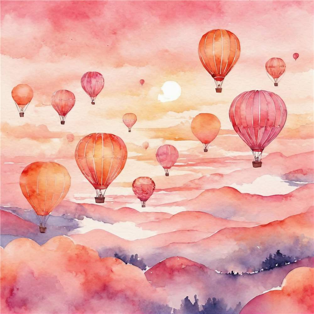 Farverige luftballoner ved solnedgang plakat
