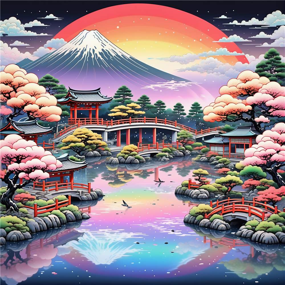 Fortryllende Japansk Landskab med Kirsebærtræer plakat
