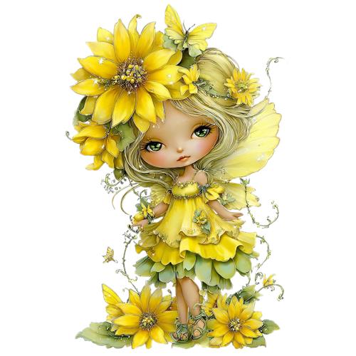 Gul blomsterfe med sommerfugl