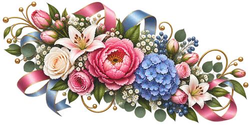 Farverig blomsterdekoration med silkebånd