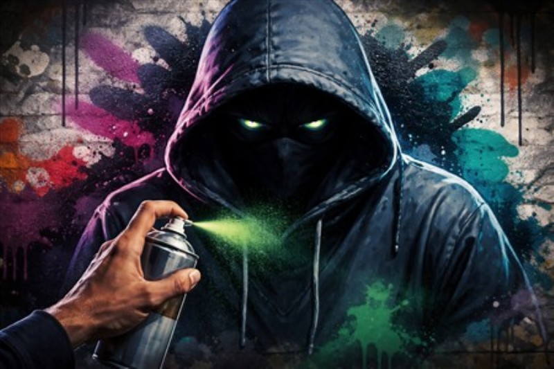 Graffiti: Et Energisk Møde med Gaden - Oplev energien fra bylivets farver i denne fantastiske plakat! En mystisk skikkelse i hættetrøje sprayer livfulde malerier, hvilket skaber en dynamisk atmosfære, som vil inspirere enhver kreativ sjæl.