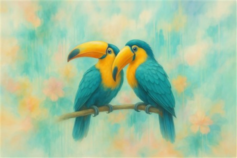 Tropiske Tukaner i Pastelfarver - Oplev de farverige tukaner, der elegant sidder tæt ved hinanden på en gren, indhyllet i bløde pastelfarver og blomster. Denne livlige illustration bringer en glad atmosfære til dit hjem.