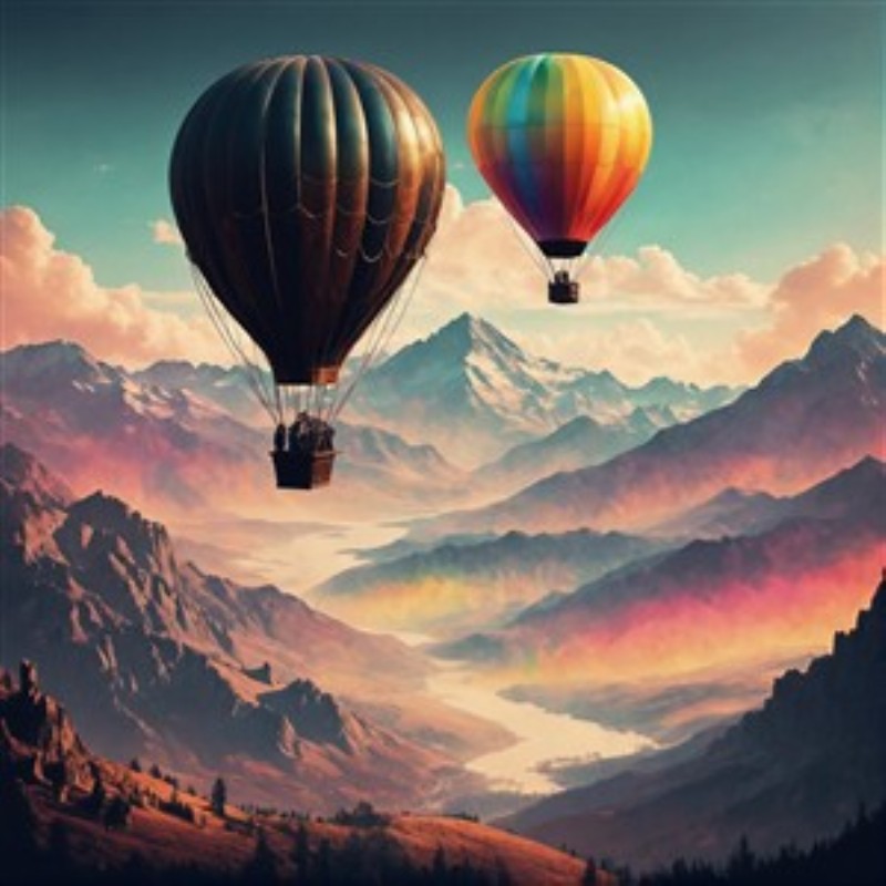 Farverige Luftballoner Over Bjergenes Mystik - Lad dig fortrylle af to svævende luftballoner over et spektakulært bjerglandskab med en dyb og farverig himmel. Dette kunstværk skaber en drømmende atmosfære, perfekt til at inspirere eventyrlyst og fantasi.