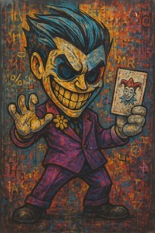 Livlig Joker Karakter i Farverig Kunst - Oplev glæden ved denne farverige joker-karakter, som med sit brede grin og unikke stil bringer liv i ethvert rum. Dette kunstværk tilføjer en spændende og livlig atmosfære, perfekt til ethvert væggen i dit hjem.