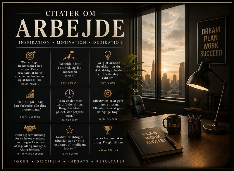 Motiverende Citater om Arbejde til Kontoret - Få et boost af inspiration med dette plakatsæt med citater om arbejde, dedikation og motivation. Perfekt til dit hjemmekontor eller arbejdsplads, så du altid husker at drømme, planlægge og arbejde mod succes.
