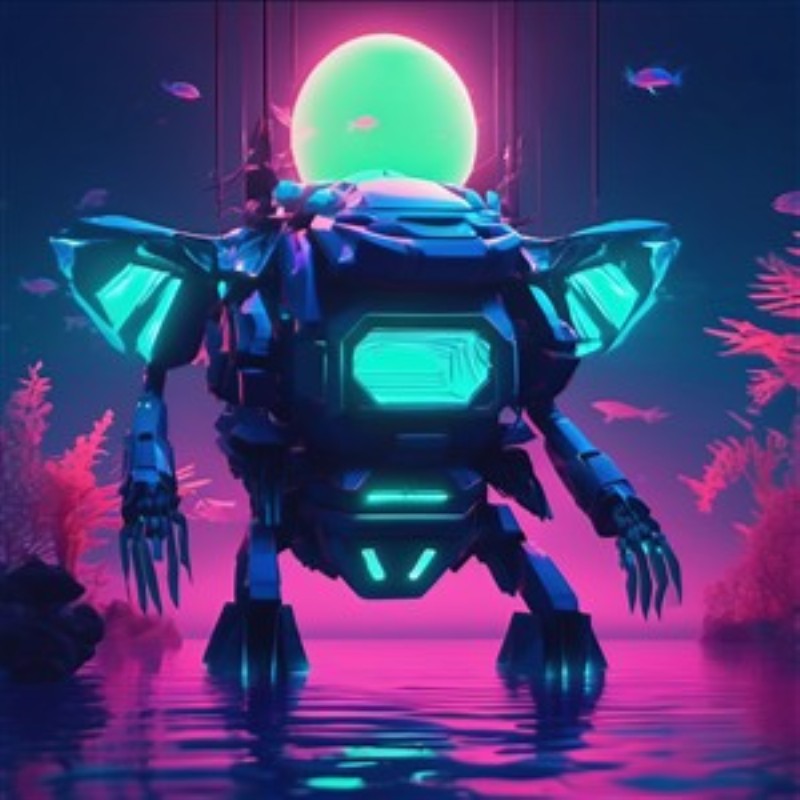 Neon Robot i Undervandsdrøm - Oplev en magisk undervandsverden med denne futuristiske robot i strålende neonfarver. Den skaber en fascinerende atmosfære, der forener teknologi og natur i et spektakulært syn.