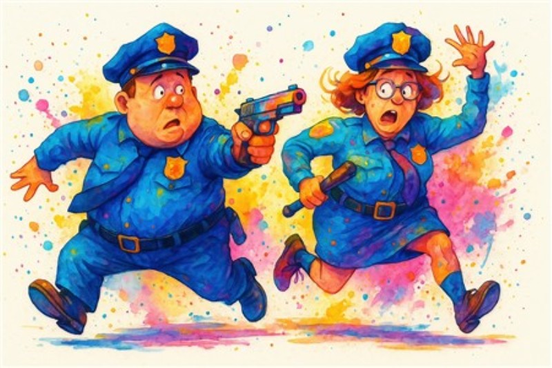 Farverig Politihumor i Bevægen - Oplev et humoristisk øjeblik med to betjente i aktion, fanget i et sprudlende farveflor. Dette livlige billede bringer latter og liv til dit rum, perfekt til dem, der elsker et legende og farverigt udtryk.