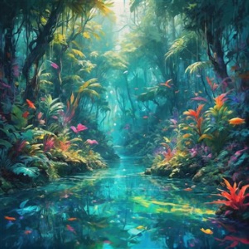 Magisk Jungleoplevelse med Klart Vand - Oplev den frodige jungle, hvor farverige planter svømmer i sollys, og klart vand reflekterer naturens skønhed. Dette kunstværk bringer liv og magi ind i dit rum, og skaber en fredfyldt atmosfære.