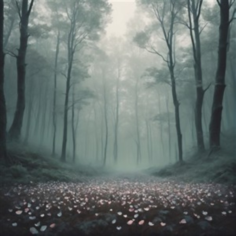 Tåget Eventyr i Skoven - Dyk ned i denne magiske skovscenarie, hvor tågen omslutter det stille landskab. De farverige blomster på stien skaber en drømmende atmosfære, der inviterer til eftertænksomhed og fordybelse.