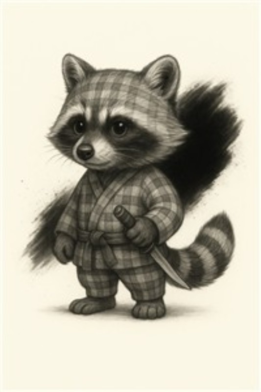Raccoon i Kimono med Kniv - Oplev denne skønne illustration af en rakker i kimono, der kombinerer legende charme med en snert af eventyr. Den perfekte tilføjelse til ethvert rum, hvor du ønsker at tilføje en dose fantasi og sjov.