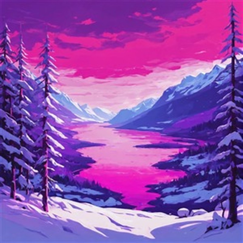 Magisk bjerglandskab i pink nuancer - Oplev den betagende skønhed i dette stiliserede bjerglandskab, hvor en farverig solnedgang maler himlen i nuancer af pink og lilla. Denne levende illustration vil tilføre dit hjem en drømmende og inspirerende atmosfære.