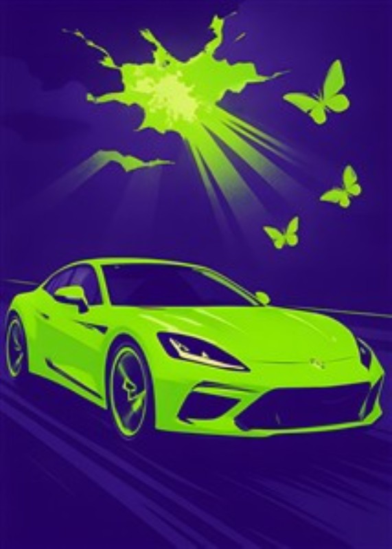 Neon Sportvogn med Livlige Motiver - Oplev en dynamisk illustration af en strålende grøn sportsvogn omfavnet af farverige sommerfugle og lysstråler. Denne kunstværk skaber en energisk og livlig stemning i ethvert rum.