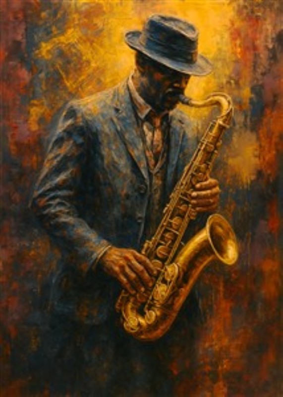 Jazzens Sjæl: Saxofonens Melodi - Oplev den pulserende stemning med denne smukke fremstilling af en jazzmusiker. Det varme farveskema og den intense udstråling skaber en atmosfære fyldt med lidenskab og liv.