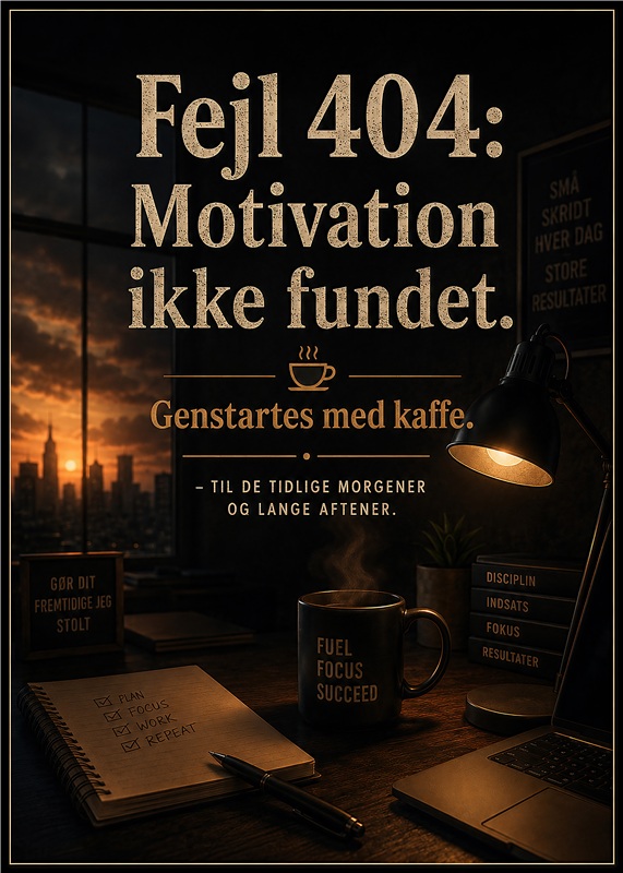 Find Motivation med Kaffe! - Denne unikke plakat bringer et humoristisk twist til dine lange arbejdsdage. Med sin inspirerende tekst og stilfulde design, sætter den fokus på, hvordan kaffe kan genstarte din motivation. Perfekt til kontoret eller hjemmeværelsen for kreative sjæle.