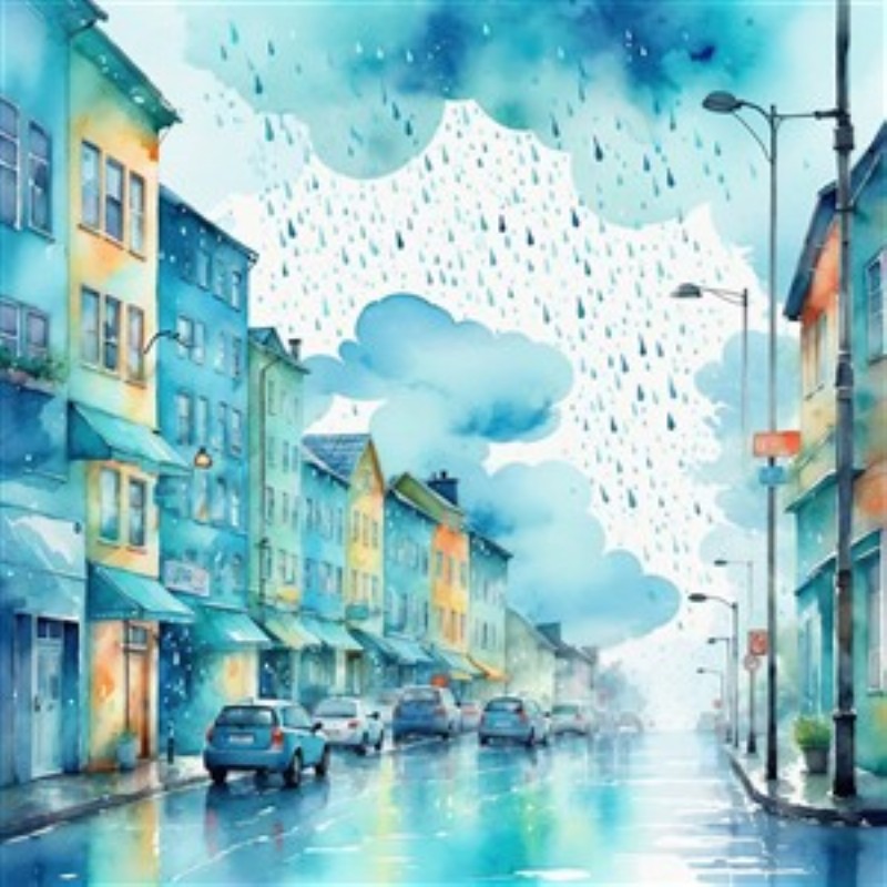 Farverig Regnvejrsgade i Aquarel - Oplev skønheden i en regnfuld gade med pastelbygninger og glinsende veje. Dette livlige akvarelmål med farverige elementer tilføjer en stemningsfuld atmosfære til dit hjem.