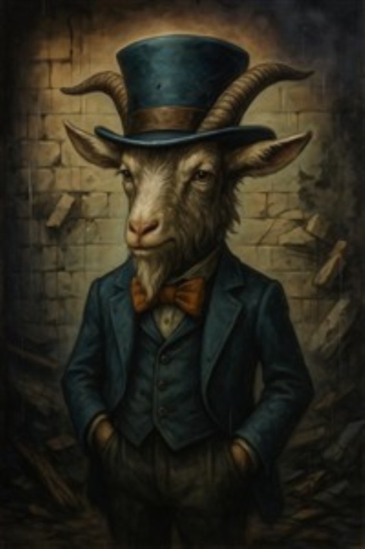 Elegant Ged i Classy Outfit - Oplev det surrealistiske møde mellem dyreliv og stil med dette fantastiske billede af en ged i jakkesæt og hat. Dette unikke kunstværk tilføjer en charme og humor til ethvert rum.