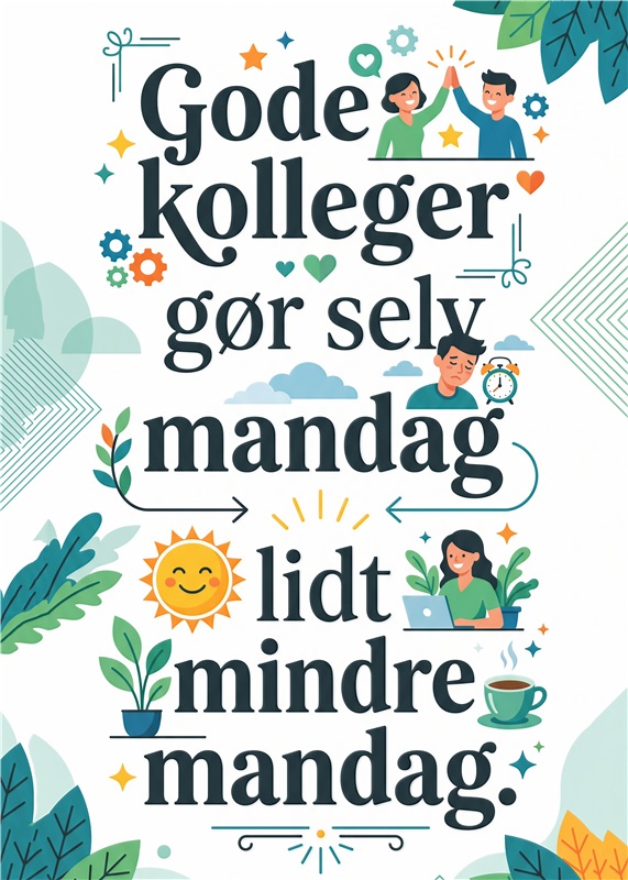 Gode Kollegers Mandag Inspiration - Opgrader dit kontor med denne farverige plakat, der minder os om, at gode kolleger kan gøre enhver mandag lidt lettere. Perfekt til at skabe en positiv atmosfære og inspirere til teamwork.