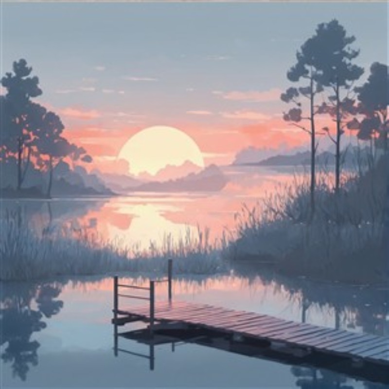 Stille Skønhed i Solnedgangens Lys - Oplev den betagende charme i en solnedgang over en fredfyldt sø. Det bløde lys reflekteres i vandet, mens træer og en træbro tilføjer en beroligende atmosfære i dit hjem.