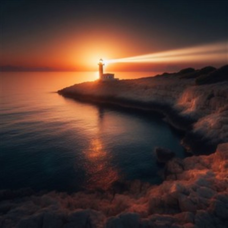 Fyrtårnets Magi ved Solnedgang - Oplev den betagende skønhed ved fyrtårnet, der lyser op mod havet under en strålende solnedgang. Dette motiv bringer varme og fred til dit hjem, perfekt til at skabe en beroligende atmosfære.