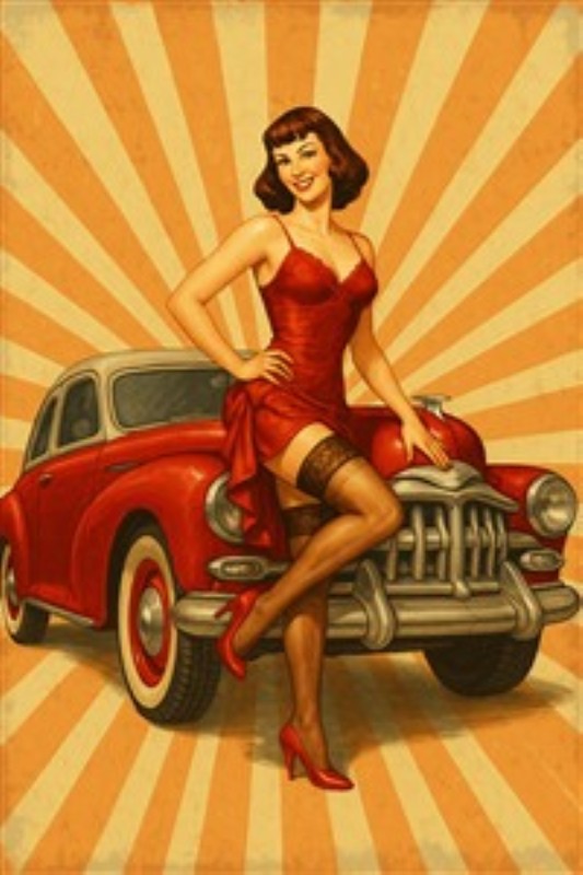 Retro Pin-Up Skønhed med Klassisk Bil - Oplev den nostalgiske charme ved denne vintage illustration af en smuk kvinde i rød kjole, der poserer stilfuldt ved sin klassiske bil. Perfekt til at tilføje et strejf af retro glamour til dit hjem.