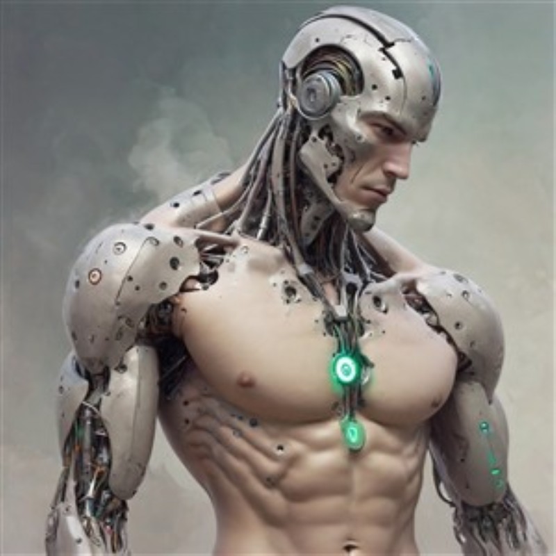 Futuristisk cyborg med mekaniske detaljer - Udforsk den fascinerende verden af teknologi og menneskehed med dette fantastiske kunstværk. Den detaljerede cyborg fanger øjet med sine imponerende mekaniske dele og den humanoide form, perfekt til et moderne rum.