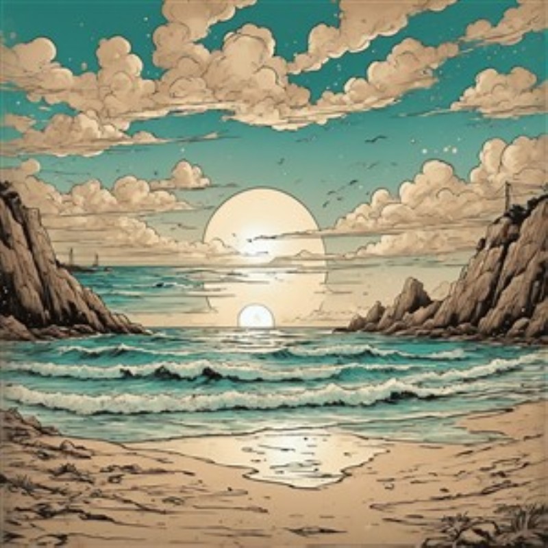 Drømmeagtig solnedgang ved kysten - Oplev den betagende skønhed af en solnedgang, hvor farverne spiller harmonisk over havet og bølgerne. Denne illustration fanger den stille skønhed ved klipperne og den glitrende strand, perfekt til at skabe en rolig atmosfære i dit hjem.