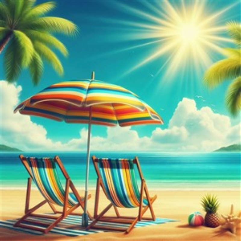Solfyldt Strandparadis med Livlig Atmosfære - Oplev den perfekte strandstemning med vores farverige plakat, der indfanger to liggestole under en stribet parasol, omgivet af palmer og det klare blå hav. Denne plakat bringer glæde og varme ind i dit hjem, perfekt til afslapning og ferieånd.