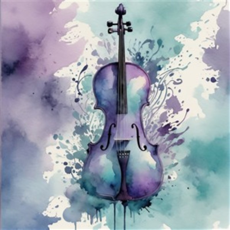 Lilla Violin i Akvarelsplash - Oplev den elegante skønhed af en violin indhyllet i farverige akvarelsplash. Denne kunstneriske fremstilling bringer liv og musikalsk ånd ind i dit rum med nuancer af lilla og grønne toner.