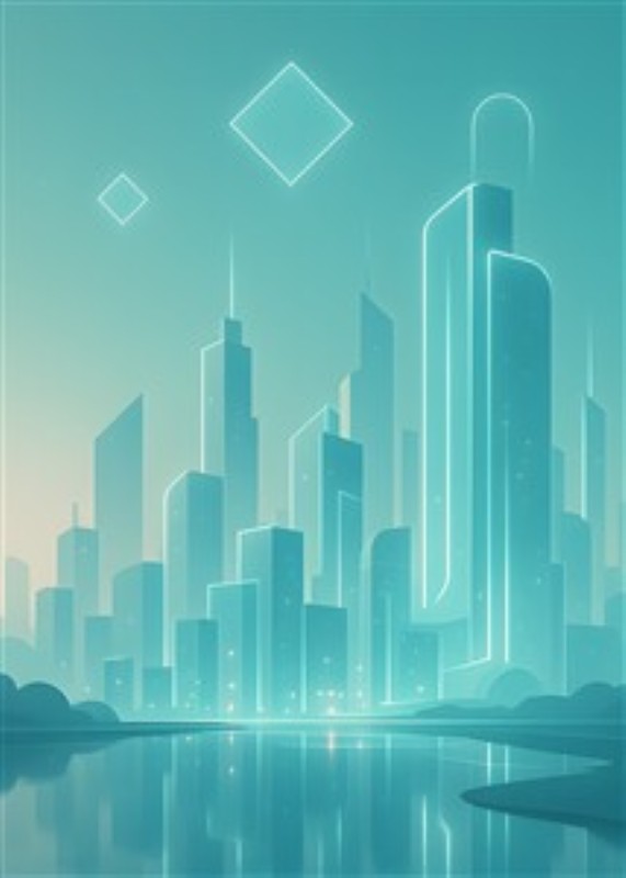 Glitrende Fremtidsby med Spejlende Vande - Træd ind i en verden af futuristisk skønhed med denne stiliserede illustration af en livlig by. De høje, oplyste bygninger spejler sig i den stille vandflade og skaber en drømmende atmosfære, der inspirerer til fantasi og innovation.