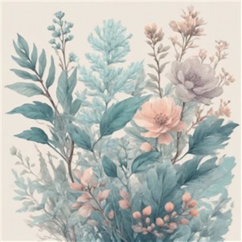 Fortryllende blomster i pastell - Oplev skønheden i naturen med dette maleri af delikate blomster og blade i bløde pastelfarver. Det tilføjer en let og fredfyldt stemning til ethvert rum, perfekt til at skabe en harmonisk atmosfære.