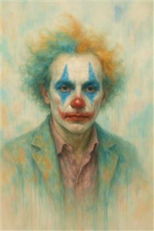 Melankolsk Klovn i Farver - Oplev det unikke portræt af en klovn, der med sin farverige makeup formidler en dyb melankoli. Dette kunstværk tilføjer en tankevækkende og kunstnerisk dimension til dit hjem.