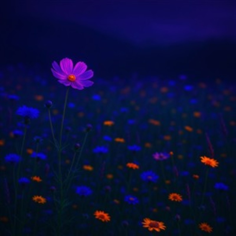 Blomsterdrøm i natten - Oplev en fortryllende blomstereng, hvor farverne lilla, blå og orange skaber en drømmende atmosfære. Denne levende komposition bringer naturens skønhed ind i dit hjem og skaber en beroligende stemning.