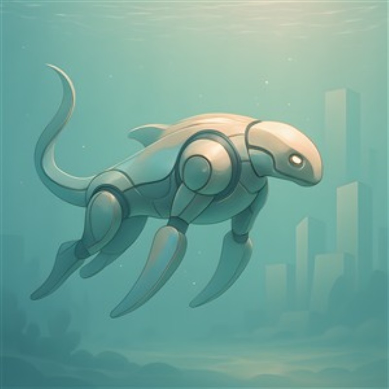 Futuristisk robot under vandet - Oplev den imponerende fusion af teknologi og natur med denne stiliserede robot, der svømmer gennem en fascinerende undervandsverden. Perfekt til at skabe en drømmende atmosfære i dit hjem.