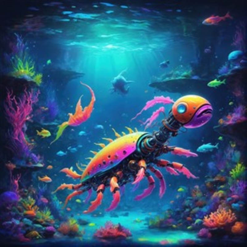 Overraskende Robotkrabbe i Havets Magi - Dyk ind i en farverig undervandsverden med denne fantastiske robotkrabbe, der svømmer blandt farverige fisk og blomstrende koraller. Et surrealistisk kunstværk, der tilføjer liv og eventyr til ethvert rum.