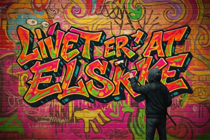 Kærlighedsbudskab i Graffiti - Dette farverige graffitimaleri bringer liv og glæde til dit hjem med sit budskab om kærlighed. Det er et perfekt statement piece, der inspirerer til positive tanker og encanto i enhver indretning.
