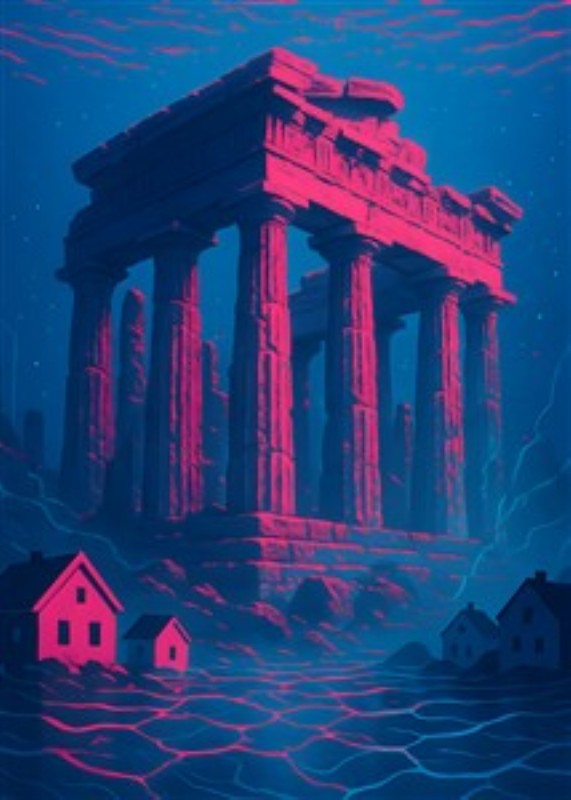 Neon Ruiner i Den Oversvømmede Landsby - Oplev den fortryllende atmosfære af futuristiske ruiner, hvor antik skat møder moderne neonfarver. Denne visuelle rejse indfanger skønheden i det oversvømmede landskab og skaber en drømmende stemning i dit hjem.