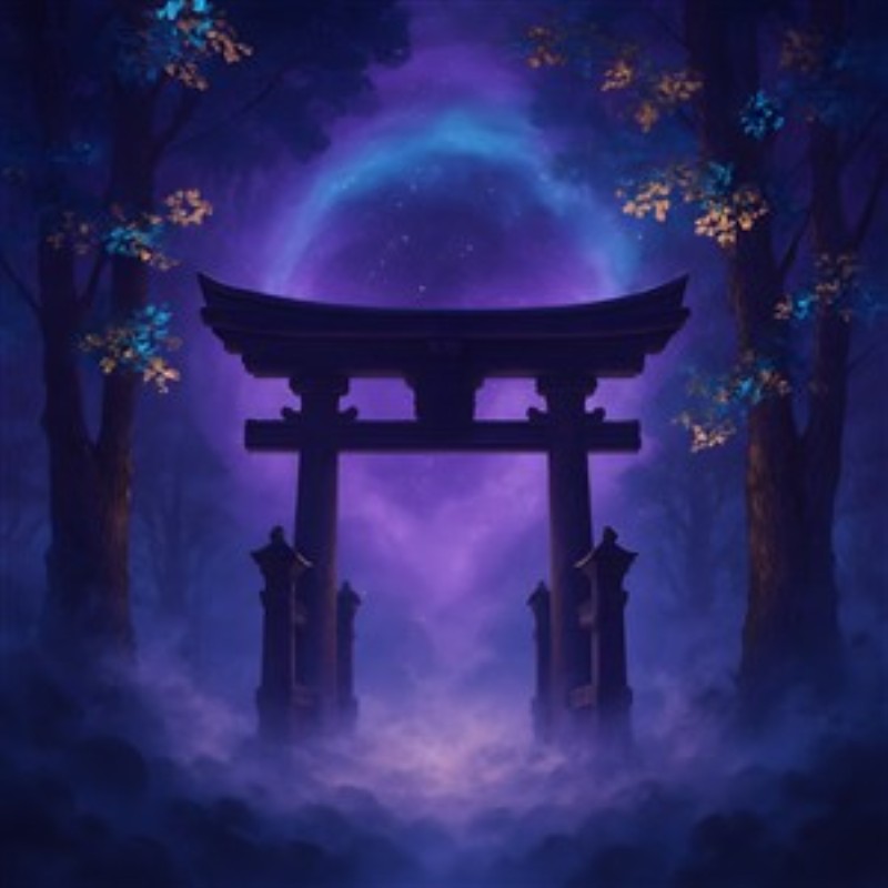 Mystisk Torii Port under Stjernerne - Oplev den betagende skønhed af en torii-port, der rejser sig majestætisk under en stjerneklar, lilla himmel. Dette kunstværk skaber en drømmende atmosfære, hvor natur og mystik smelter sammen.
