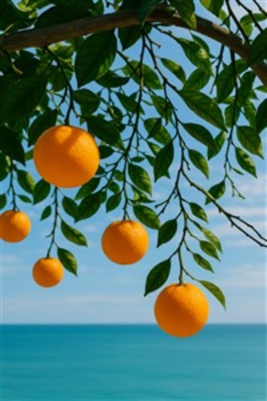 Friske Appelsiner ved Havet - Oplev den friske følelse af havet med denne smukke plakat. En gren belagt med saftige appelsiner svæver over en beroligende blå havoverflade, og bringer en tropisk stemning ind i dit hjem.