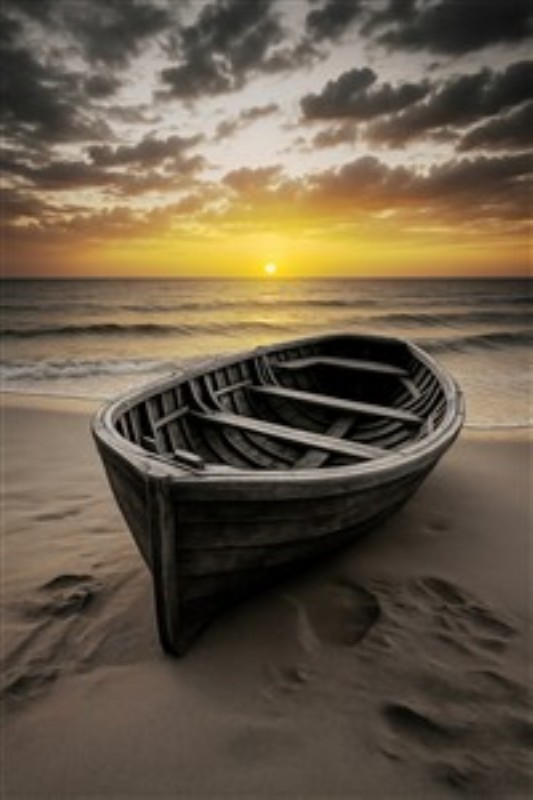Magisk solnedgang med gammel båd ved stranden - Oplev den betagende skønhed ved en solnedgang, der kaster sit gyldne lys over en gammeldags båd på stranden. Dette billede indfanger roen og nostalgiens charme, der sikkert vil berige dit hjem med en varm atmosfære.