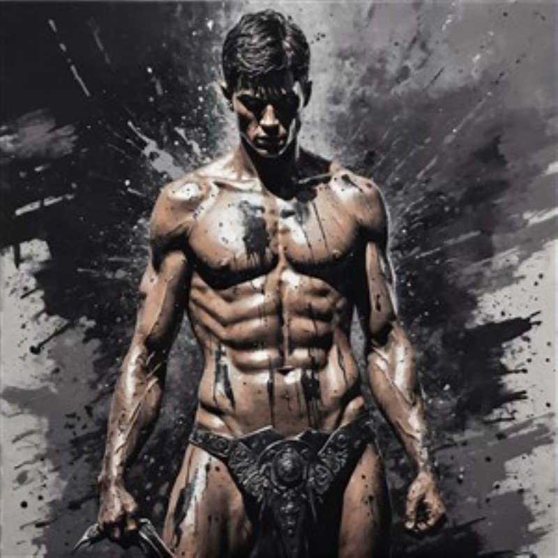 Kraftfuld Inspiration - Oplev styrken i denne betagende illustration, der fanger kraften og beslutsomheden i en muskuløs figur. De dristige penselstræk og den intense baggrund skaber en dynamisk atmosfære, perfekt til ethvert rum.
