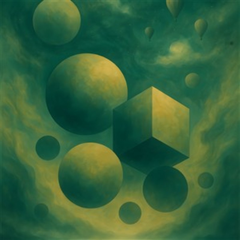 Farverigt Abstrakt Univers i Grønne Nuancer - Dyk ned i en farverig og drømmende verden med vores abstrakte kunstværk. De geometriske former skaber en unik atmosfære, der indbyder til refleksion og fantasi, perfekt til enhver moderne indretning.