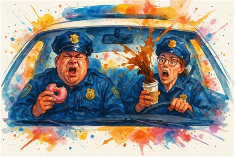 Donut Drama i Politibilen - Oplev det humoristiske kaos i denne farverige akvarel, hvor politibetjente er fanget i et øjeblik af sjov og overraskelse. Det perfekte kunstværk til at bringe liv og latter ind i dit hjem.